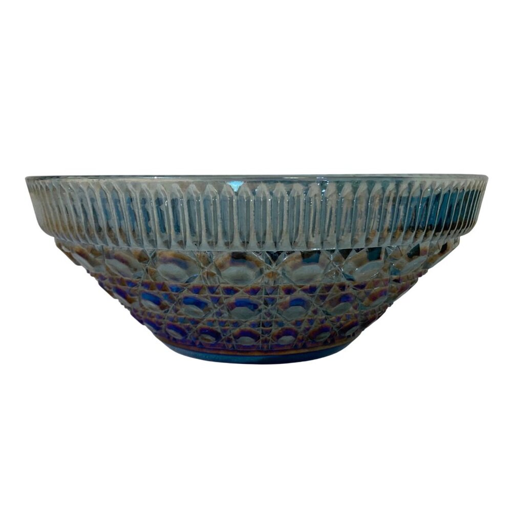 Indiana Glass Windsor Blue Carnival Glass Salad Bowl Iridescent Button and Cane